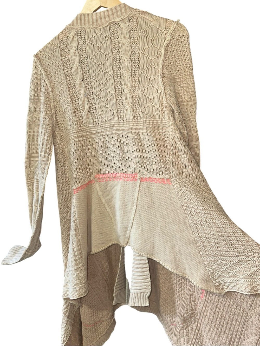 Free People All Washed Out Sand Tan Cardigan Pink Stitching Detail Size S - Picture 6 of 12